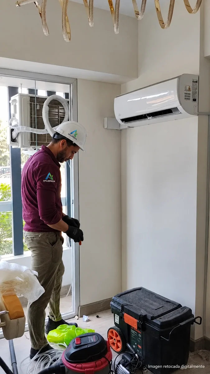Fotografía retocada de un técnico durante la instalación de un split en un departamento
